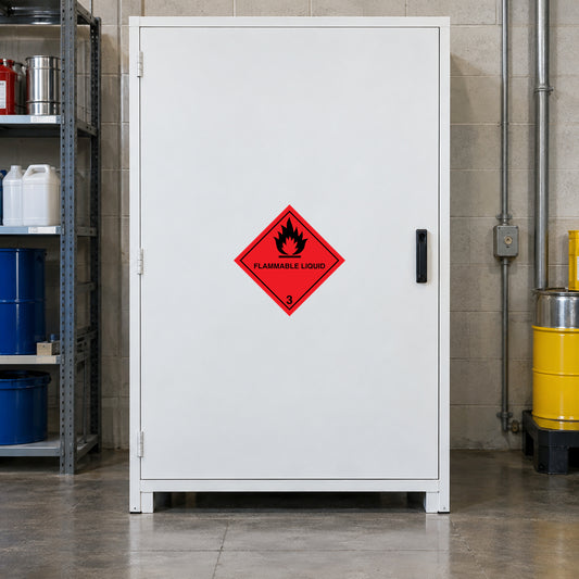 Hazardous safety sign sticker with red flame warning diamond for flammable liquid