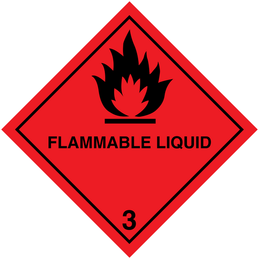 Flammable liquid hazard sign sticker, red diamond with flame icon and class 3 label