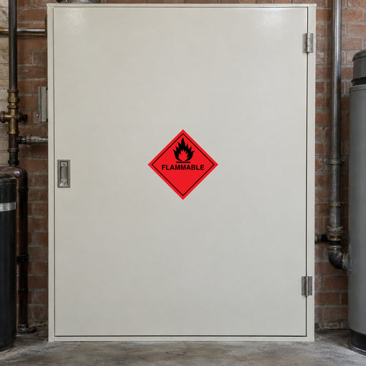 Flammable hazard sign sticker: red diamond with flame icon and 'FLAMMABLE' text