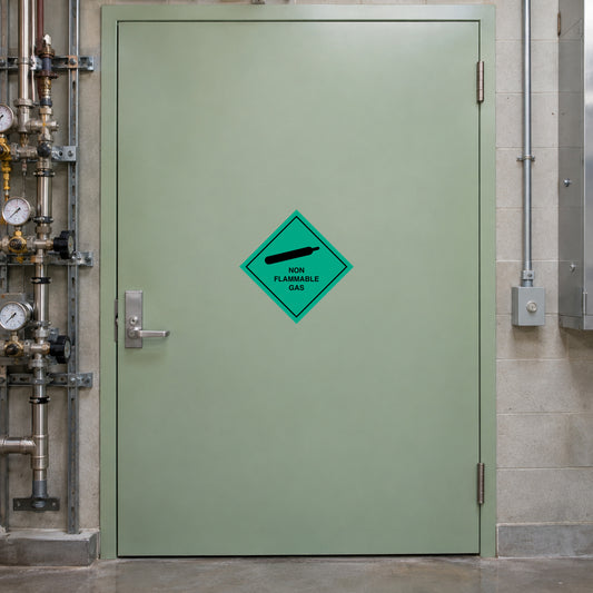 Non flammable gas safety sign sticker on green diamond hazard symbol