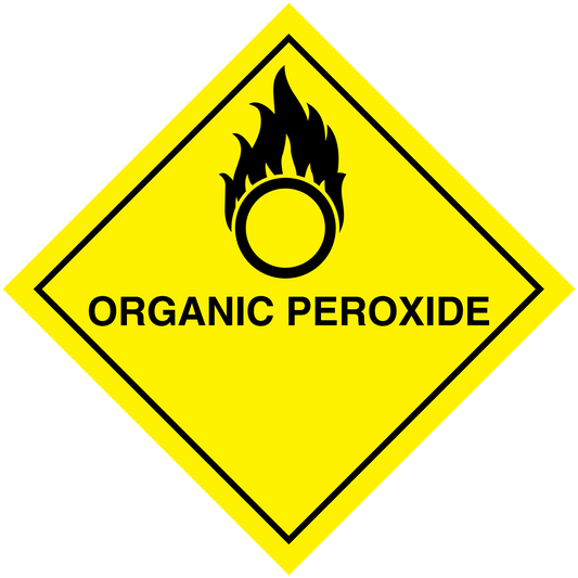 Organic peroxide hazard sign sticker, yellow diamond with flame icon and text