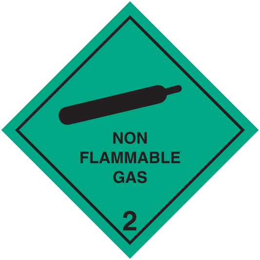 Non flammable gas hazard sign sticker, green diamond with no-flame icon and “2”.