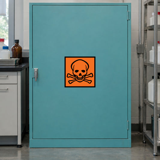 Hazard warning sign sticker with skull and crossbones graphic, orange border