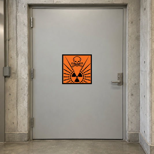 Hazard safety sign sticker with orange biohazard symbol on dark square