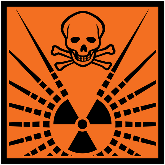 Orange hazardous safety sign sticker with skull and radiation trefoil symbol