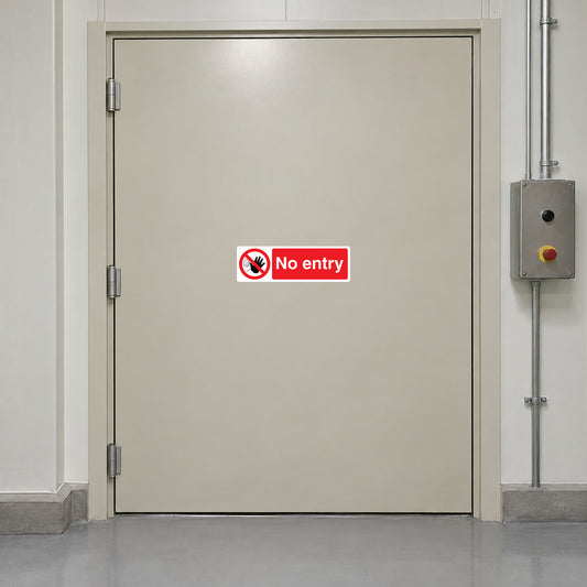 “No entry” safety sign sticker with red circle slash and barred entry icon