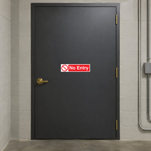 No entry safety sign sticker, red and white symbol with “No Entry” text