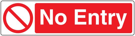 No entry safety sign sticker, red with white text and prohibition slash icon