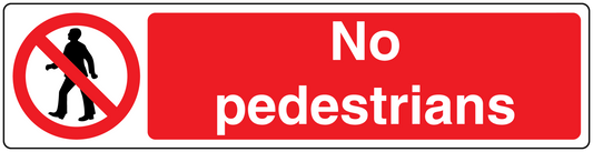 No pedestrians safety sign sticker, red with white text and walking icon slash