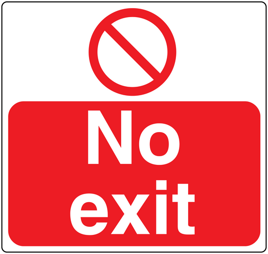 Red safety sign sticker with white 'No exit' text and red circle slash symbol