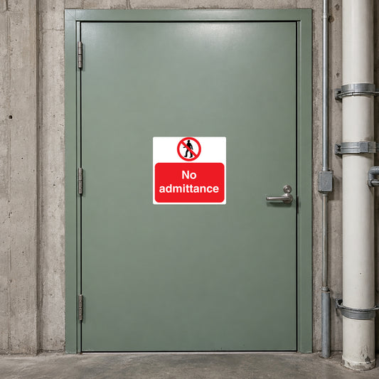 Safety sign sticker with red no-symbol and text "No admittance"