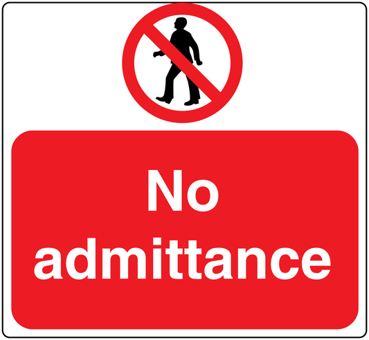 Red "No admittance" safety sign sticker with prohibited person icon
