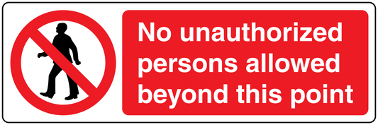 Safety sign sticker: no unauthorized persons beyond this point, black person icon on red
