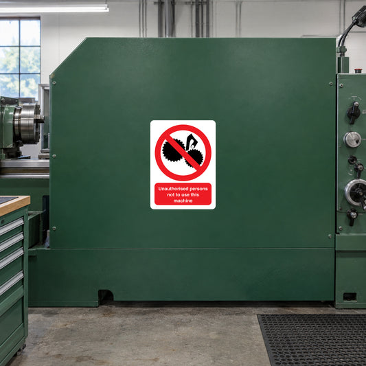NO Safety Sign Sticker applied in commercial metal lathe safety enclosure, single solid forest green casing panel, tool cabinet and controls extreme edges