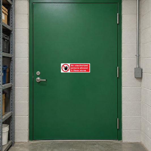 NO Safety Sign Sticker applied in industrial maintenance supplies storeroom entrance, solid medium green steel door, masonry frame and racks extreme left