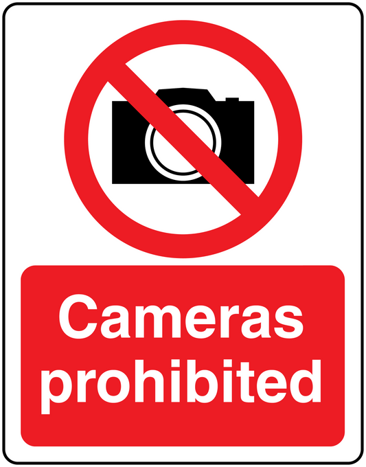 Cameras prohibited safety sign sticker with crossed-out camera icon and red text