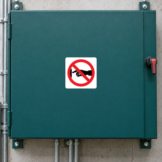 NO Safety Sign Sticker applied in industrial machine control enclosure, flat solid dark teal casing, single physical switch far right outside central area