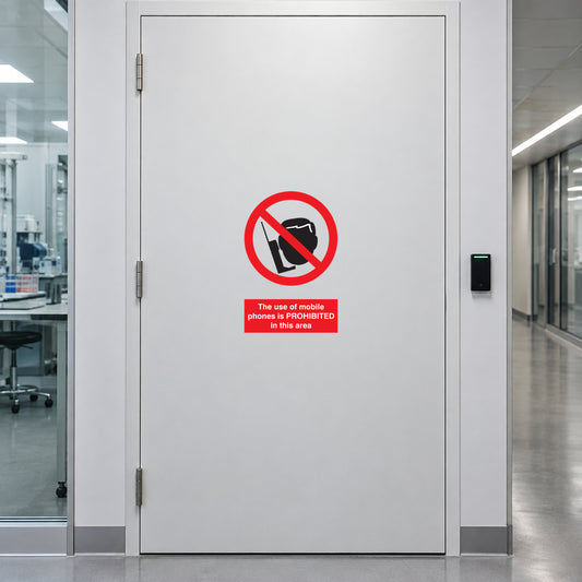NO Safety Sign Sticker applied in restricted research electronics lab entrance, solid white access door, clinical corridor and card reader outer edges