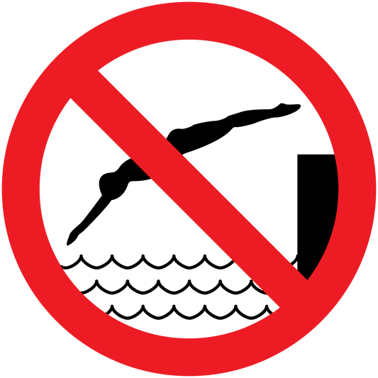 No swimming safety sign sticker with red prohibition circle over swimmers over waves
