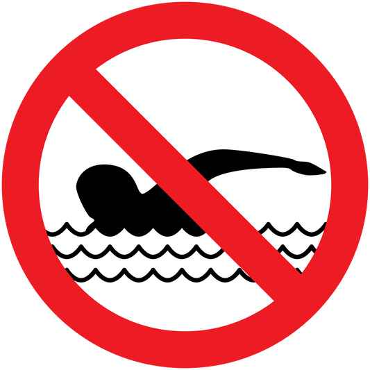 Safety sign sticker: no swimming symbol with red circle and diagonal slash
