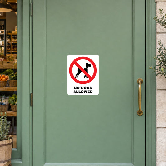 No dogs allowed sign sticker: white square with red slash and black dog icon