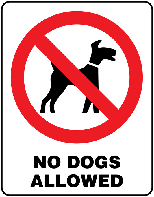 Square sticker sign with red no-dogs symbol over dog silhouettes; text NO DOGS ALLOWED