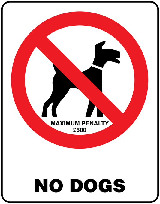 No Dogs sign sticker with red prohibition circle, dog icon, and “NO DOGS” text