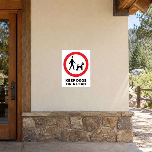 Red no-dogs sign sticker with icon and 'Keep Dogs On A Lead' text