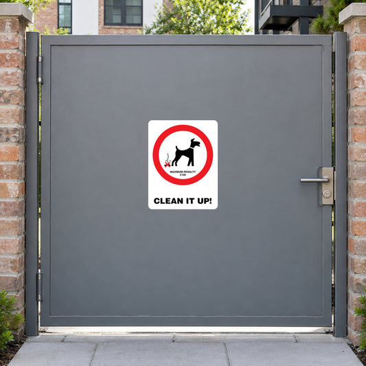 White square sign sticker with red no-dog symbol and "CLEAN IT UP!" text