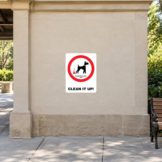 White square sticker: red circle dog icon, "CLEAN IT UP!"