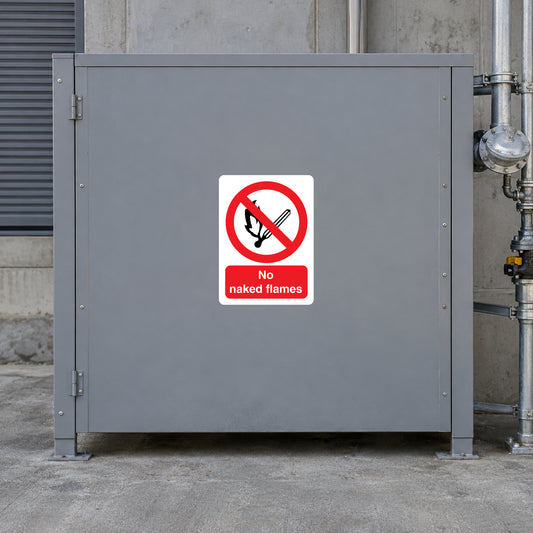 No smoking sign sticker, white square: red no-smoking symbol and 'No naked flames' text.