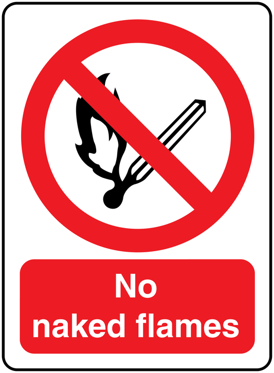 No naked flames sign sticker with red prohibition circle over a flame