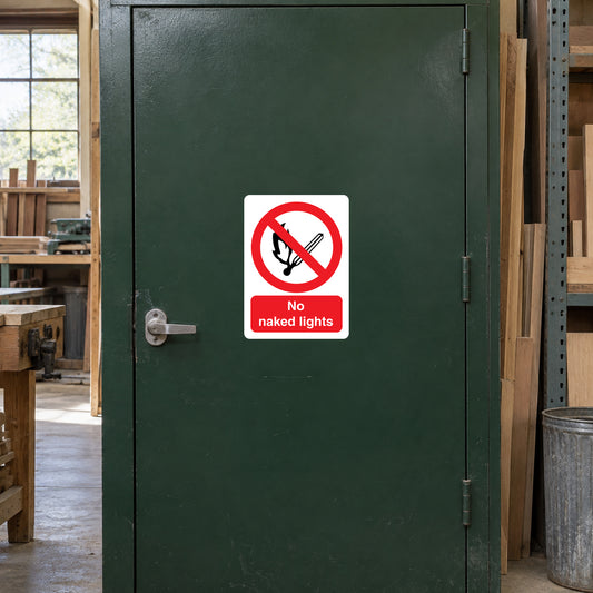 No naked lights sign sticker with red circle and slash over a flame icon