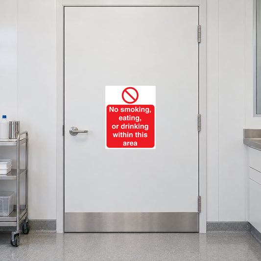 No smoking sign sticker, red circle-slash with text: No smoking, eating, or drinking here