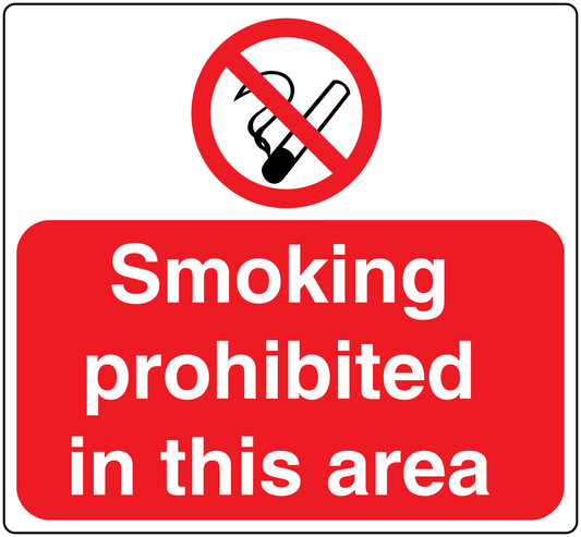 No Smoking sign sticker with red circle and text: Smoking prohibited in this area.