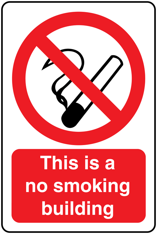 No Smoking sign sticker: red circle slash cigarette icon, text 'This is a no smoking building'
