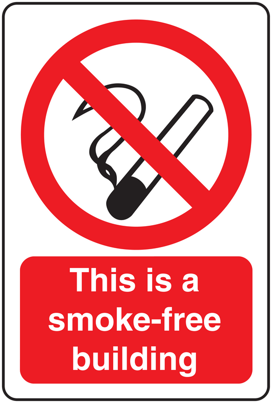 Smoke-free building sign sticker: no-smoking symbol; 'This is a smoke-free building'.