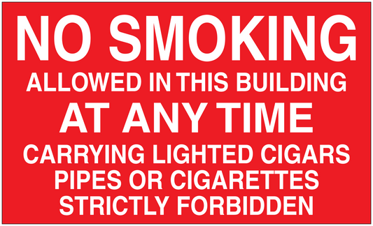 Red no smoking sign sticker with white text: NO SMOKING... STRICTLY FORBIDDEN