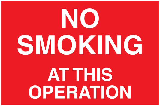 Red No Smoking at this operation sign sticker with white lettering