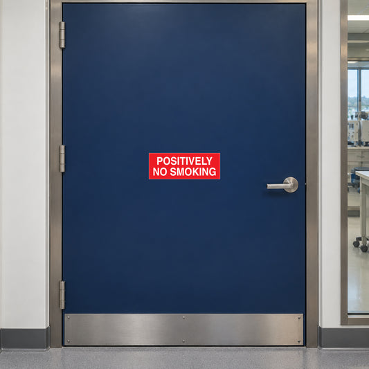 NO Smoking Sign Sticker applied in solid navy laboratory service door with metal frame