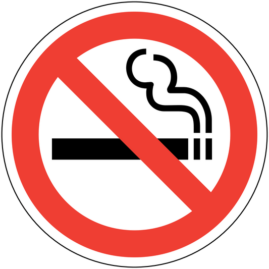 No smoking sign sticker with red circle and slash over a smoking cigarette icon