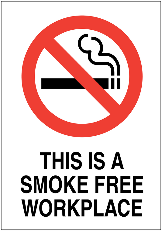 No smoking sign sticker: red crossed cigarette in circle, text 'SMOKE FREE WORKPLACE'.