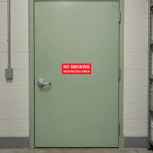 NO Smoking Sign Sticker applied in closed pale green chemical storeroom access door