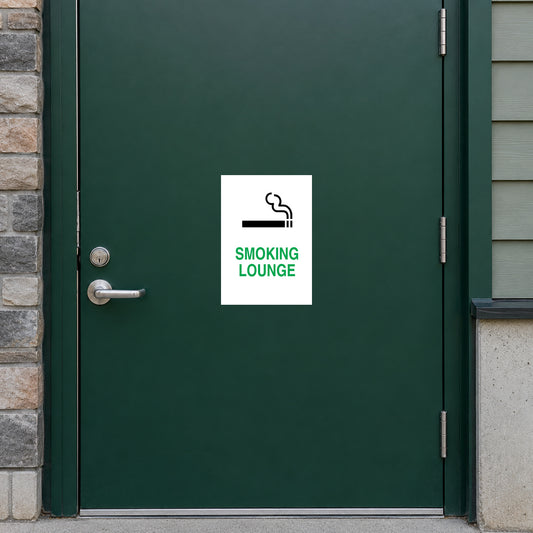 NO Smoking Sign Sticker applied in solid dark green entry door of a dedicated ventilated smoking lounge, door handle far left, no people