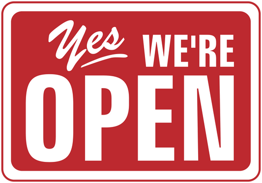 Red and white "Yes, we're open" door sign sticker