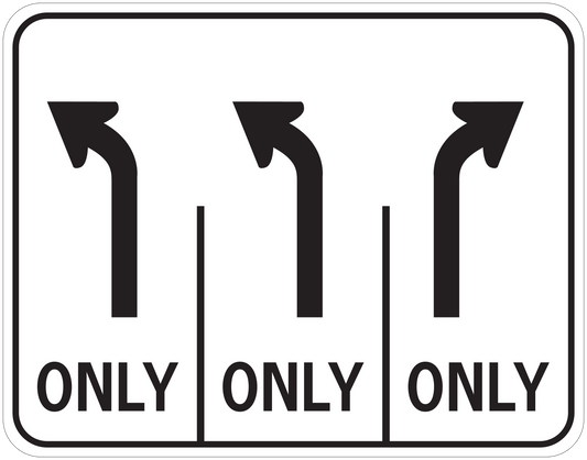 Rectangular road sign sticker with three black turn arrows and 'ONLY' text at bottom