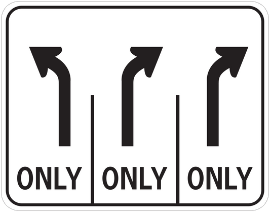 Road sign sticker with three black arrows and three 'ONLY' labels
