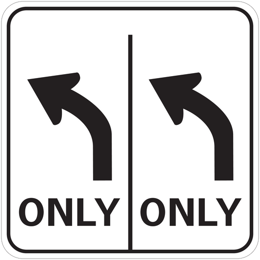 Road sign sticker with black curved arrows and word ONLY on both sides