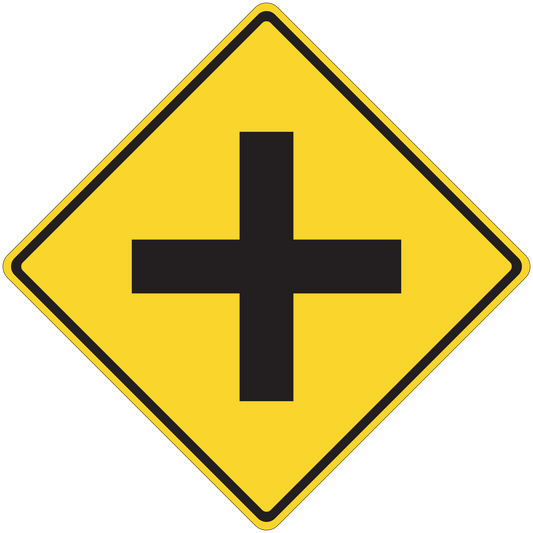 Yellow road sign sticker with black plus-shaped cross inside a diamond border