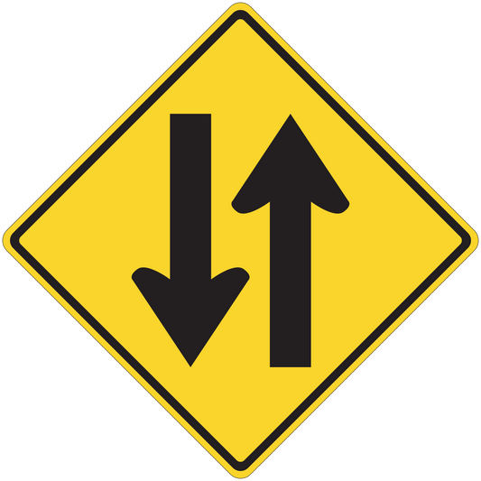Road sign sticker: yellow diamond warning with up and down arrows